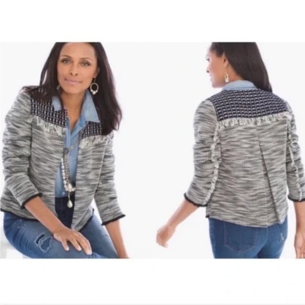 Chico's Jacket Size 0 Women's Small Novelty Pieced Tweed Fringe Black White Blue